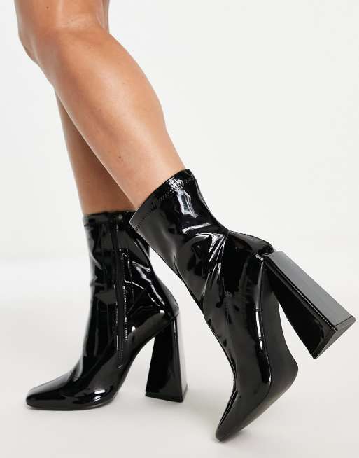 Black patent block heel ankle clearance boots