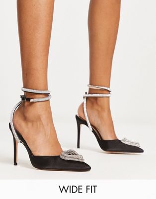 Public Desire Wide Fit Cupid heeled shoes with embellished heart in black satin - ASOS Price Checker