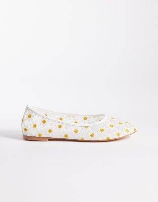 Public Desire Wide Fit Dainty Mesh Ballet Flats With Daisy Embroidered-white