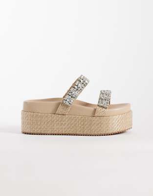 Public Desire Wide Fit Darcy Paltform Raffia Sandals With Embellished Straps-brown