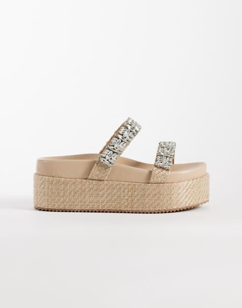 Public Desire Wide Fit Darcy paltform raffia sandals with embellished straps - view 1