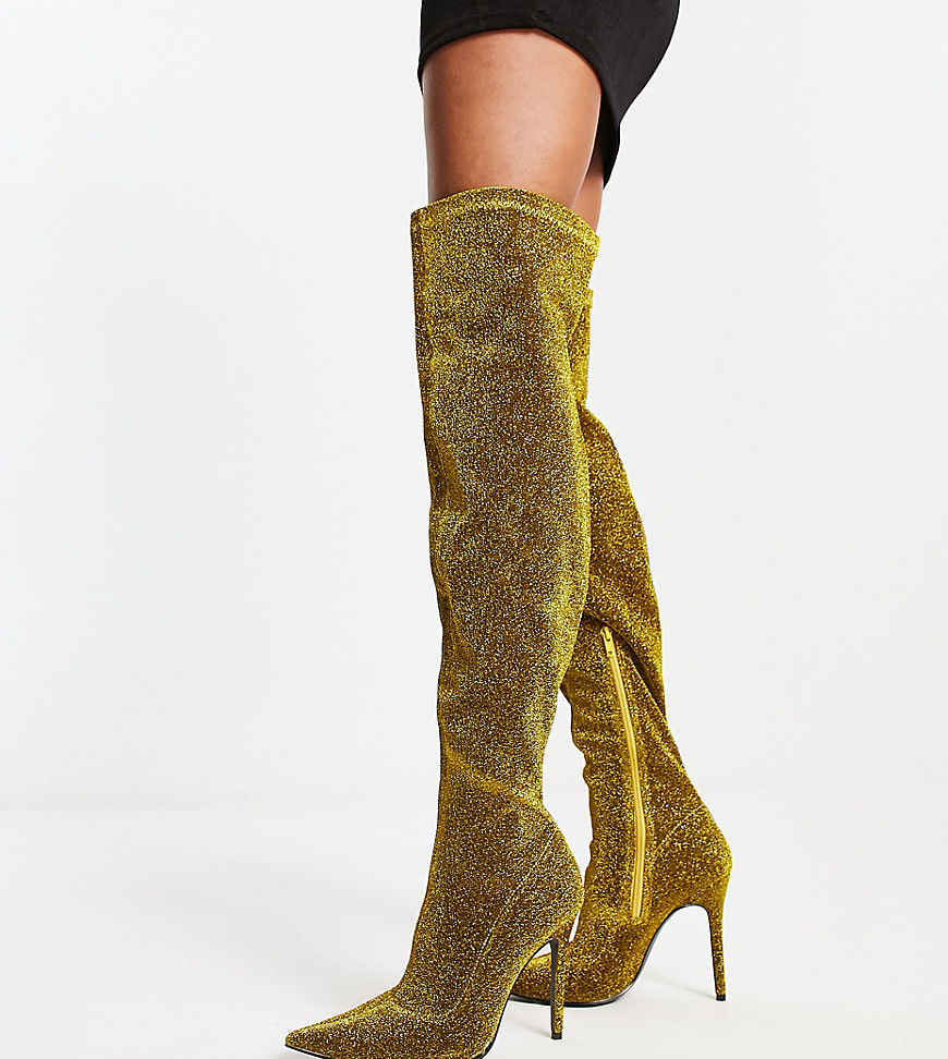 Public Desire Wide Fit Dasha over the knee boots in gold glitter