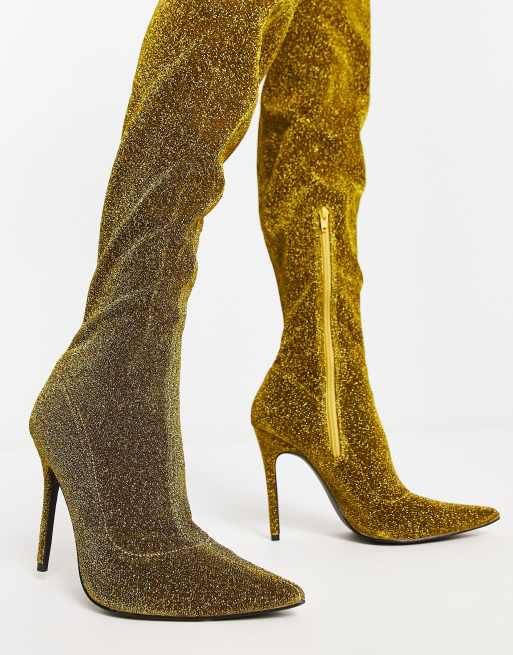 Public Desire Wide Fit Dasha over the knee boots in gold glitter