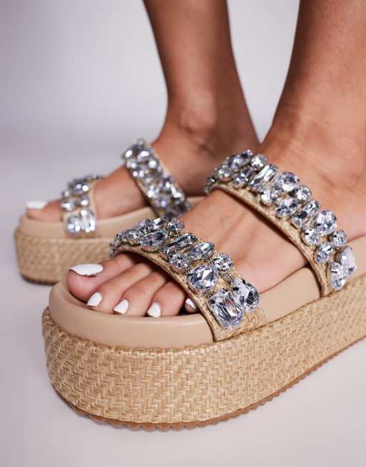 Public Desire Wide Fit Duchess Update raffia sandals with embellished straps