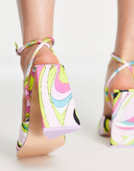 Public Desire Wide Fit Eagle pyramid heel sandals with ankle strap in pink print, 2 of 4
