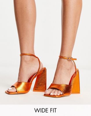 Public Desire Wide Fit Eagle triangle heel sandals in metallic orange - ASOS Price Checker