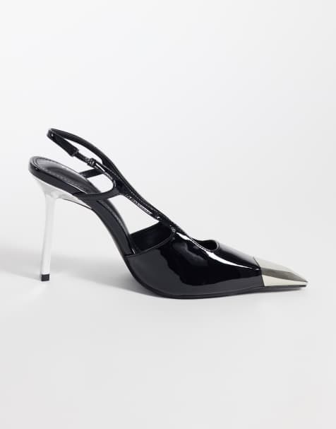 Public Desire Wide Fit Edie heeled court shoes with gold toe cap in black lace - view 1