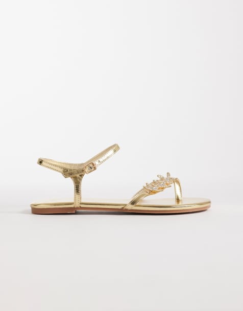 Public Desire Wide Fit Elina strappy flat sandals with sea shells in gold - view 1