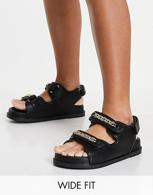Public Desire Wide Fit Ellis chunky sandals with chain trim in black