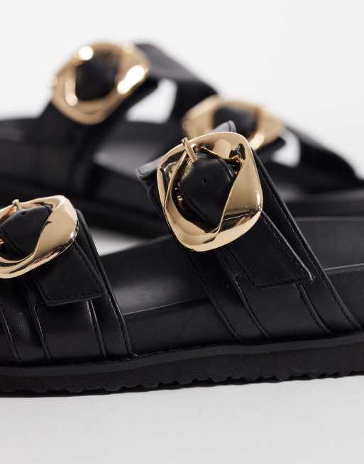 Public Desire Wide Fit Emery double buckle flat sandals in black, 2 of 4