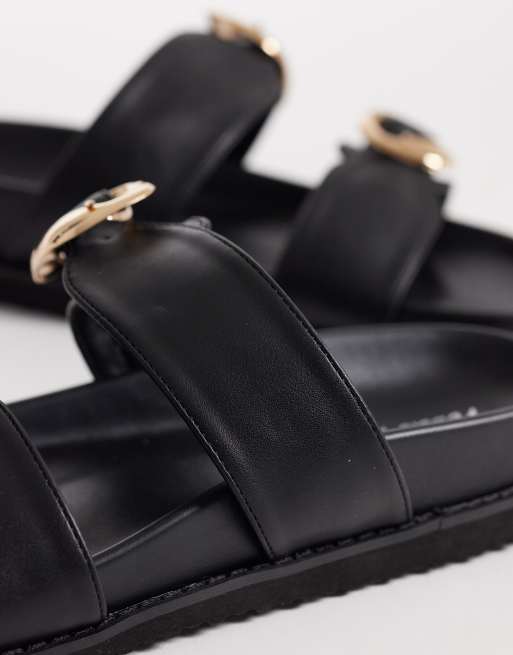 Public Desire Wide Fit Emery double buckle flat sandals in black, 3 of 4