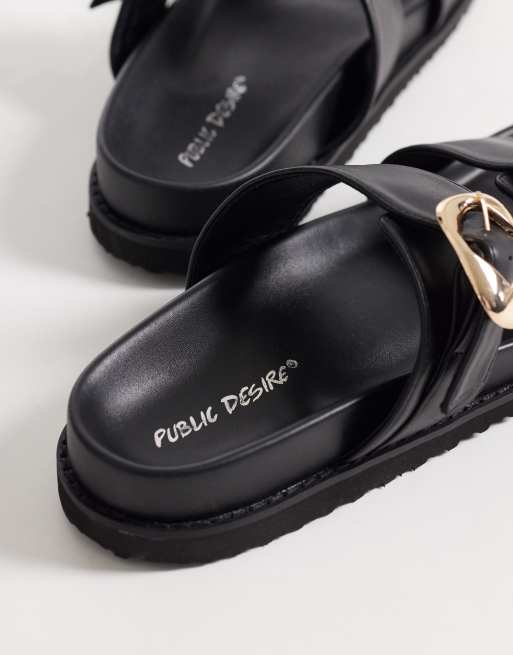 Public Desire Wide Fit Emery double buckle flat sandals in black, 4 of 4