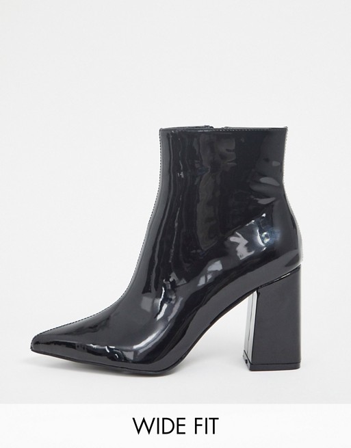 Public Desire Wide Fit Empire block heeled ankle boot in black patent