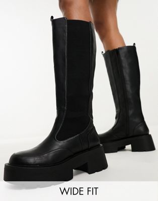 Public Desire Wide Fit Evergreen chunky knee boots in black | ASOS