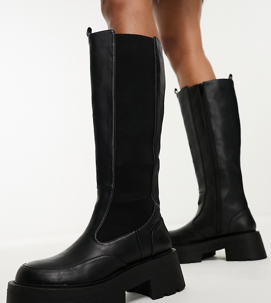 Public Desire Wide Fit Evergreen chunky knee boots in black