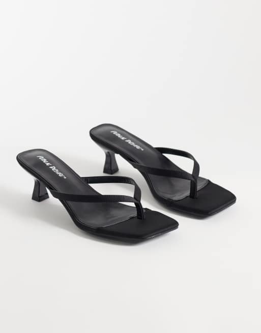 Public Desire Wide Fit Everlast kitten heel toe thong sandals in black satin, 3 of 5
