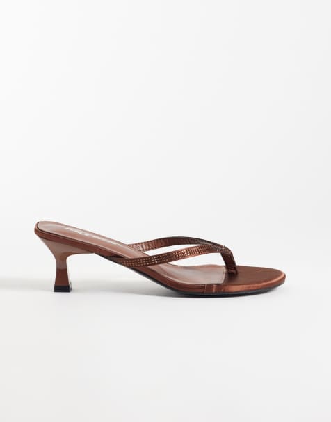 Public Desire Wide Fit Evermore kitten heel toe thong sandals in embellished brown - view 1