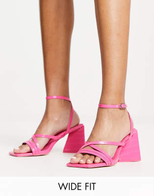 Public Desire Wide Fit Exclusive Kasia Block Heel Sandals In Hot Pink Croc