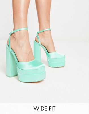 Public Desire Wide Fit Exclusive Moonchild platform heeled shoes in pale green satin - ASOS Price Checker