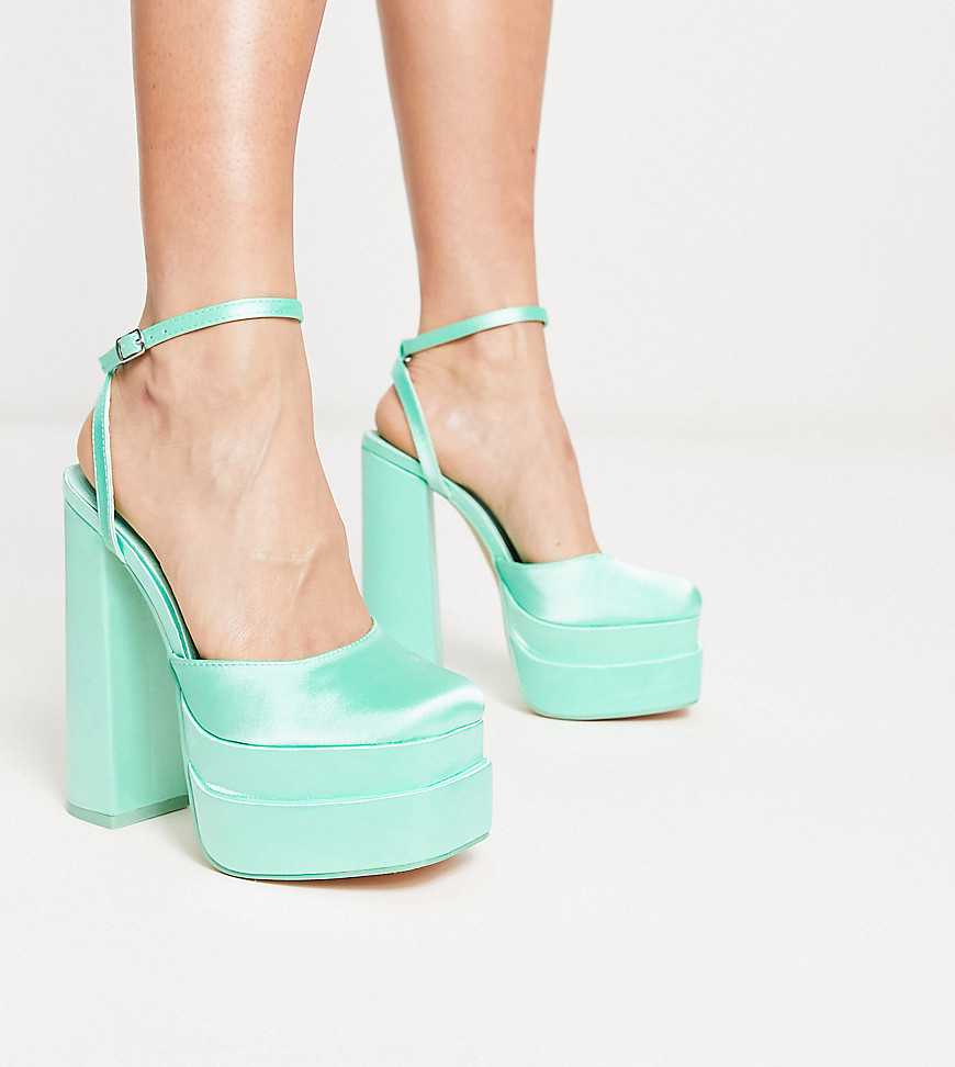Public Desire Wide Fit Exclusive Moonchild platform heeled shoes in pale green satin