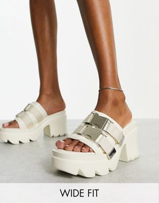 Public Desire Wide Fit Exclusive Oslo chunky heeled sandals in off white - ASOS Price Checker