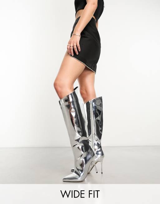 Public Desire Wide Fit Falcon mirrored knee boots in silver