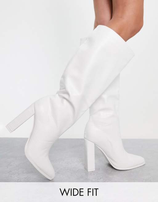 White Wide Fit Croc High Stiletto Heel Knee Boots