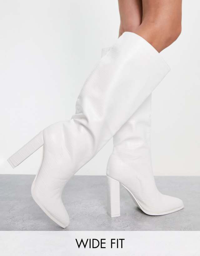 Public Desire Wide Fit Far Away knee high boots in white croc