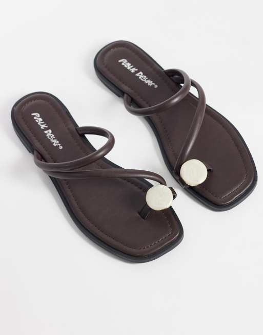 Public Desire Wide Fit Farron flat sandals with stone applique in chocolate brown, 2 of 4