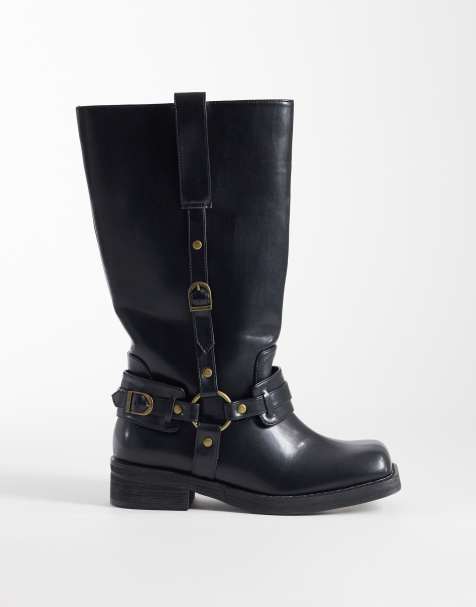 Public Desire Wide Fit - Fig - Bottes montantes plates avec harnais - Noir - view 1