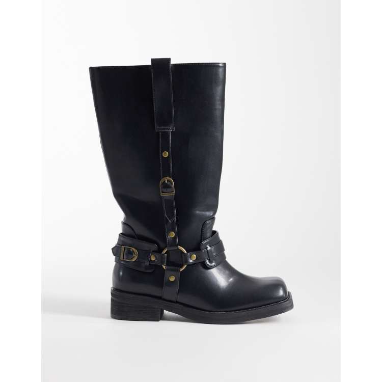 Public Desire Wide Fit Fig harness knee boots in black | ASOS