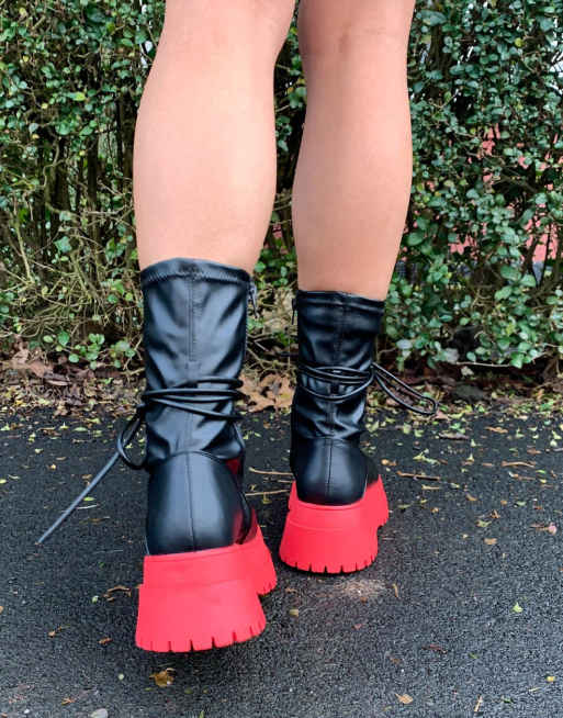 Finale Black Pu Red Chunky Sole Ankle Wrap Boots