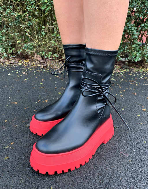 Public Desire Wide Fit Finale chunky flat ankle boots with tie in