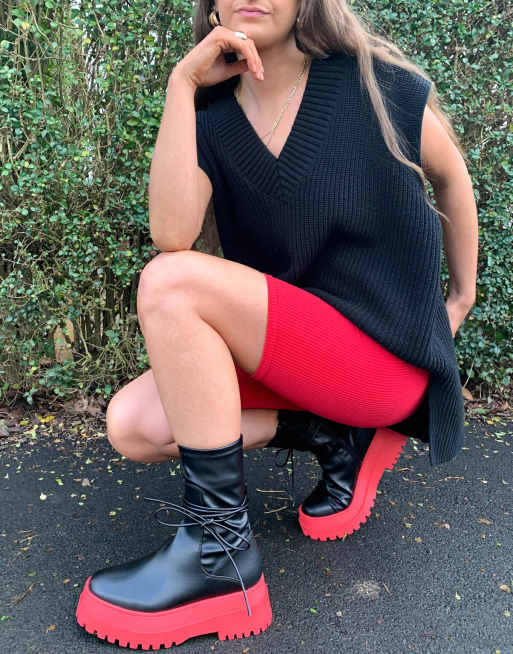 Finale Black Pu Red Chunky Sole Ankle Wrap Boots