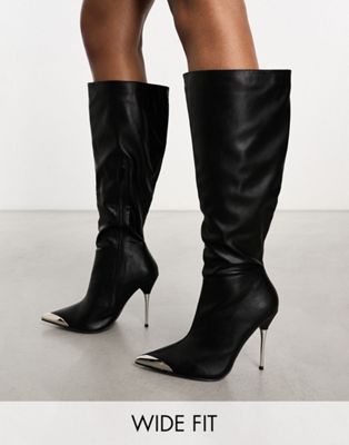Public Desire Wide Fit Finery Metal Detail Heeled Knee Boots In Black Pu
