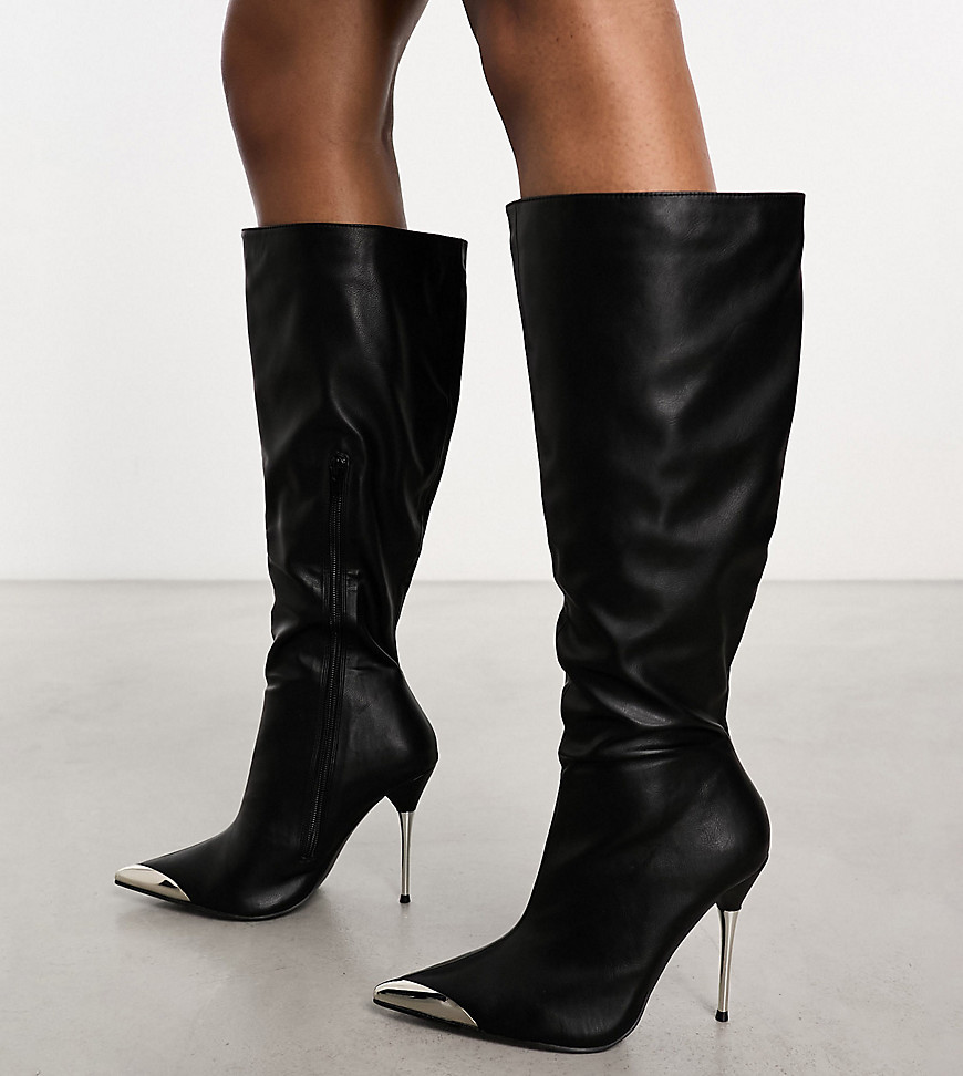 Public Desire Wide Fit Finery Metal Detail Heeled Knee Boots In Black Pu