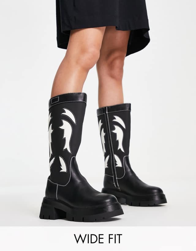 Public Desire Wide Fit Fly Away chunky flat knee boots with western design