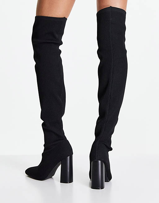  Boots/Public Desire Wide Fit Focus over the knee block heel boots in black knit 