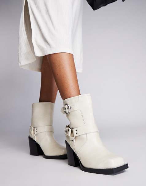 Public Desire Wide Fit Freak heeled ankle biker boot in cream - view 1