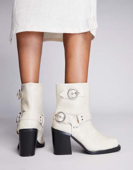 Public Desire Wide Fit Freak heeled ankle biker boot in cream ASOS