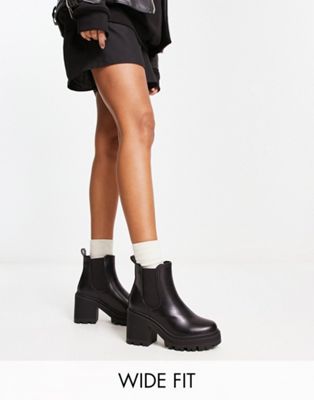 Public Desire Wide Fit Fuzzy chunky heeled ankle boot in black | ASOS