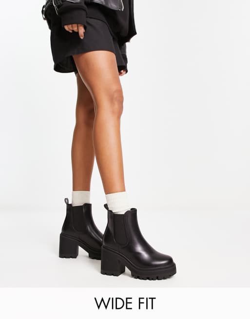 Public Desire Wide Fit Fuzzy chunky heeled ankle boots in black