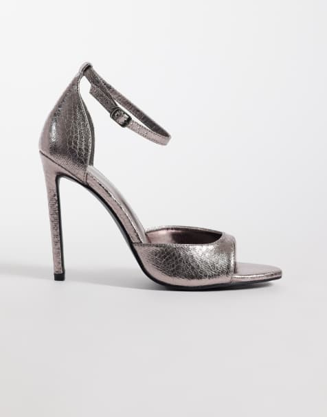 Public Desire Wide Fit gilded tie leg heeled sandals in pewter - view 1