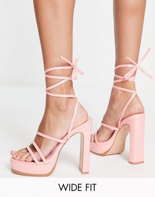 Public Desire Wide Fit Gimme Tie Up Platform Heel Sandals In Pink