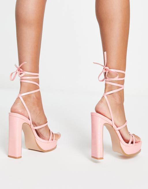 Public Desire Wide Fit Gimme tie up platform heel sandals in pink