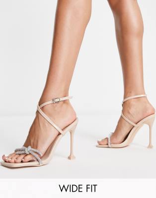 Public Desire Wide Fit Glitter Heeled Sandals With Crystal Bow In Blush-pink