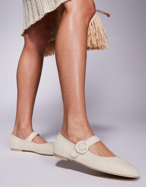 Public Desire Wide Fit Griffin mary jane ballet flats in natural raffia - view 1