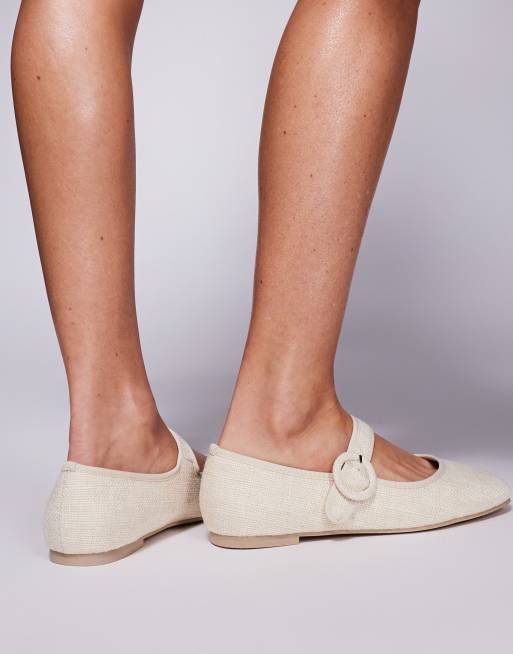 Public Desire Wide Fit Griffin mary jane ballet flats in natural raffia ...