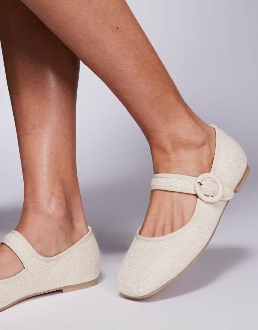 Public Desire Wide Fit Griffin mary jane ballet flats in natural raffia ...