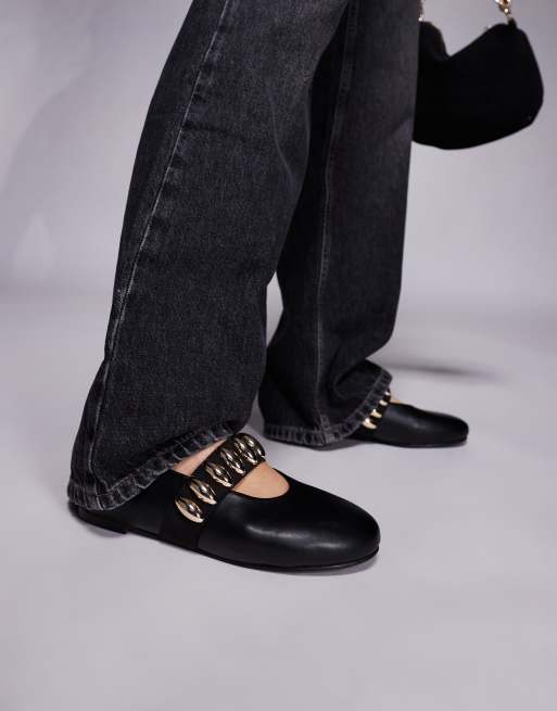 Public Desire Wide Fit – Harmonica – Svarta platta ballerinaskor med metalldetalj och bred passform